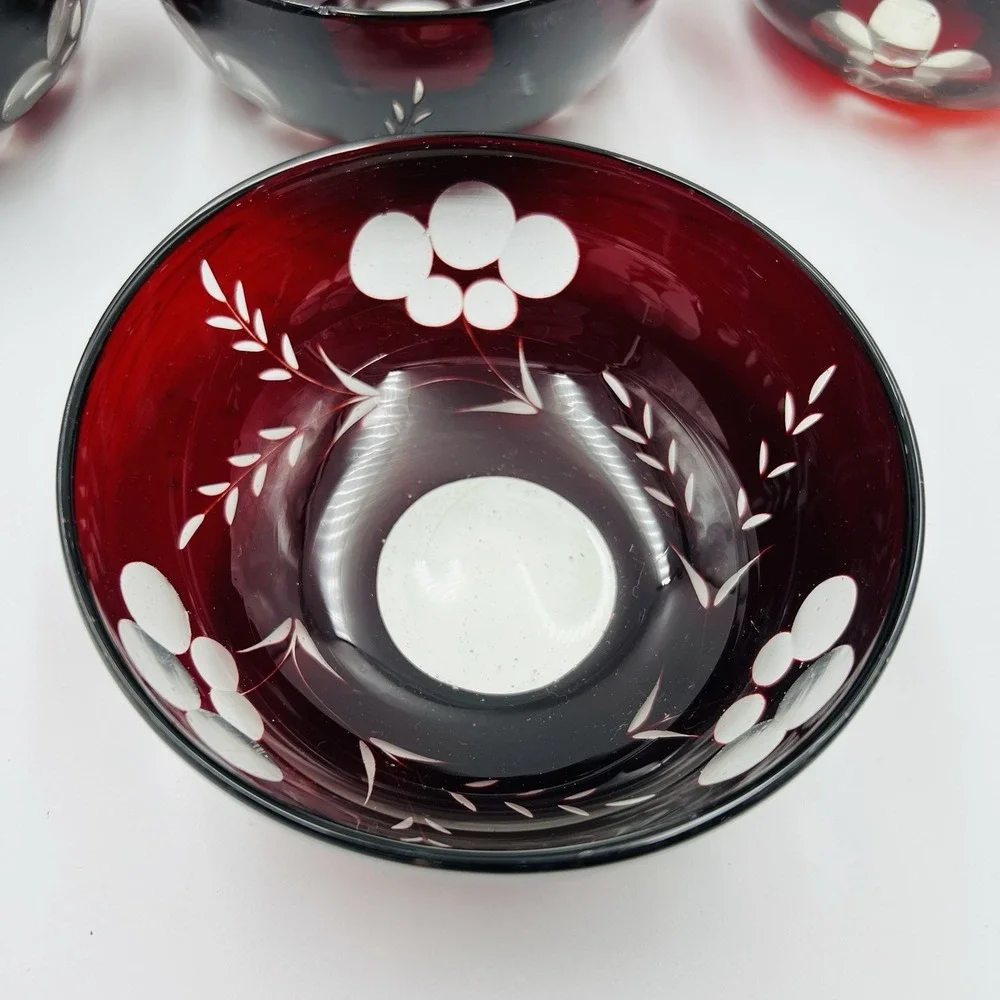 Set of‎ 7 Hand Blown Bohemian Ruby Cut to Clear Glass Bowls Floral Wheat Bubbles